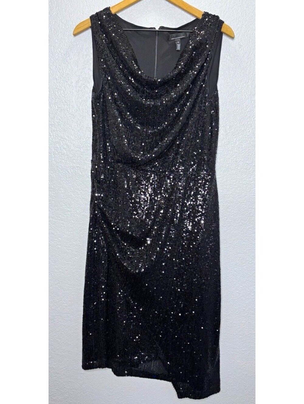 White House Black Market Black Sequin Cowl Neck Sheath Dress 12 Lined